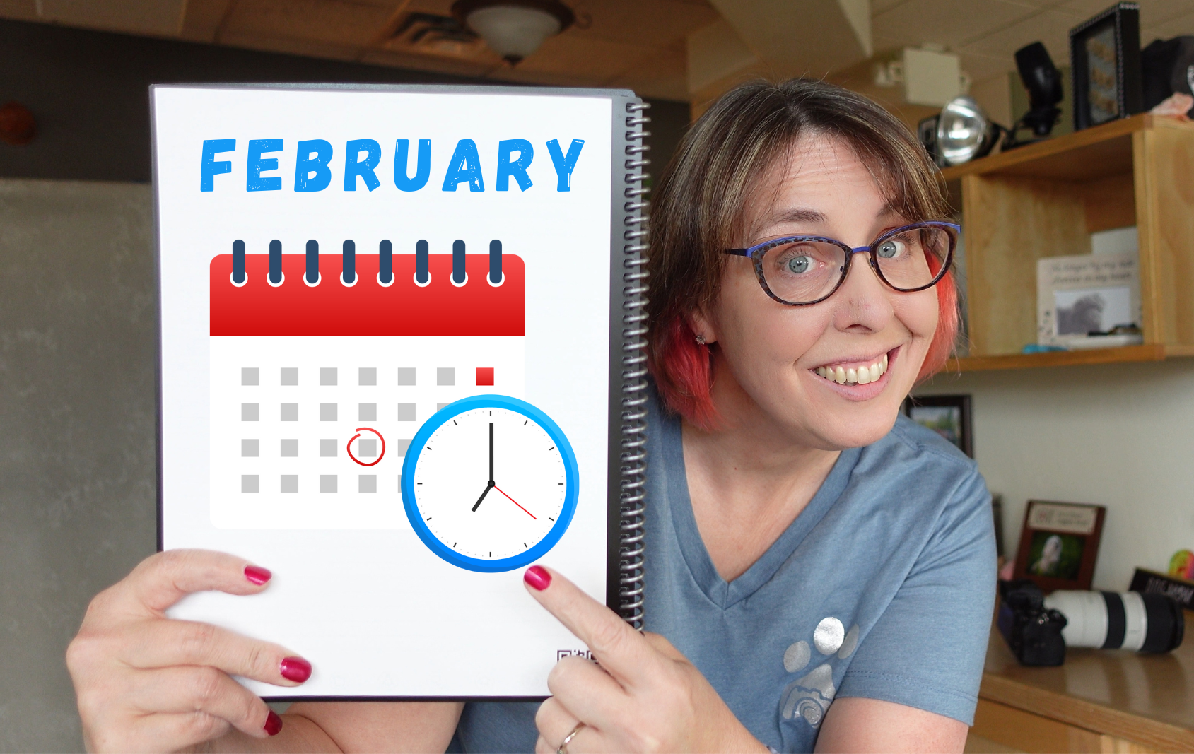 February 2024 blog header photo of monique the owner holding a sign in the studio that shows a calendar icon and the word February