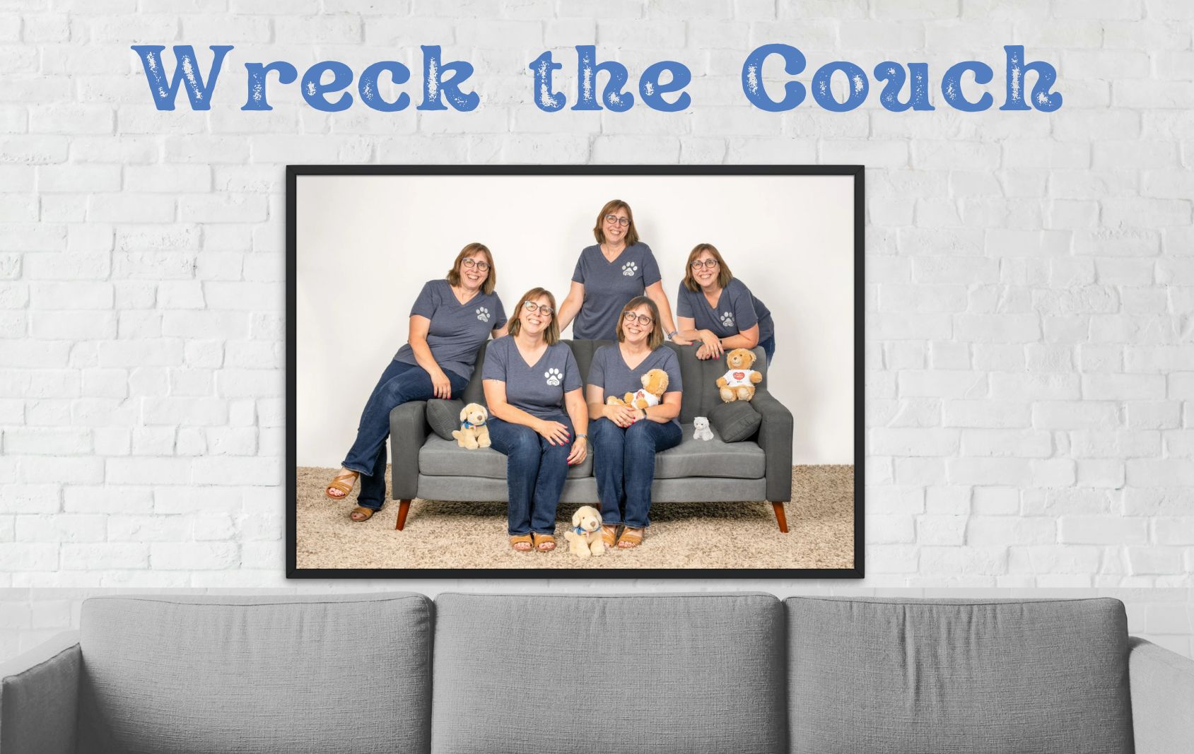 wreck the couch blog header photo hanging above a couch