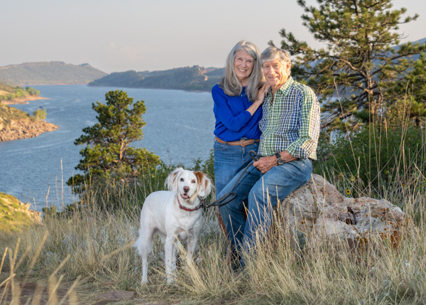man woman and dog at Horsetooth Reservoir.